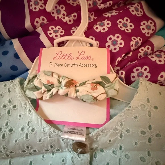 Little Lass Light Green Eyelet Top with Floral Capris and matching headband. - Picture 3 of 5